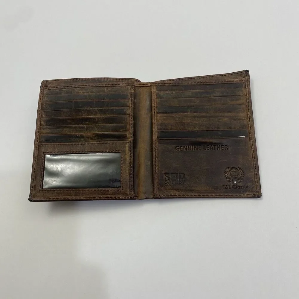 F&L Classic‎ Brown Genuine Leather Bifold Wallet RFID Safe Vintage